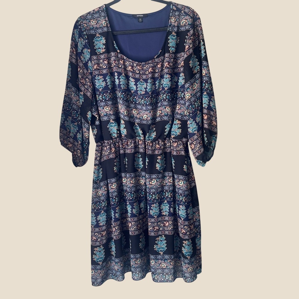 Espresso Women's Blue Floral Print Midi Dress with 3/4 Sleeves Size 3X